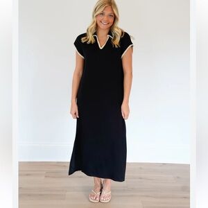 Entro Black Collared Stitch Detail Short Sleeve Maxi Dress Sz L